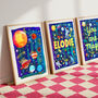 Personalised Space Name Print | Rocket And Planet Nursery Decor | Hand Painted Wall Art, thumbnail 6 of 12