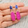 Blue Sapphire, Pink Druzy Agate Silver Earrings, thumbnail 4 of 7