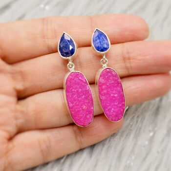 Blue Sapphire, Pink Druzy Agate Silver Earrings, 4 of 7