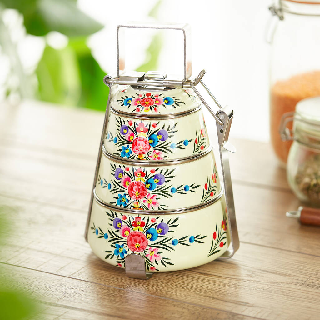 Hand Painted Tiffin Lunch Box Vintage Floral, 1 of 7