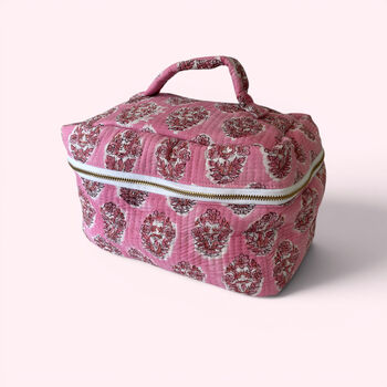 Vanity Bag | Quilted Cotton Toiletry Bag | Pink Flower Block Print, 3 of 5