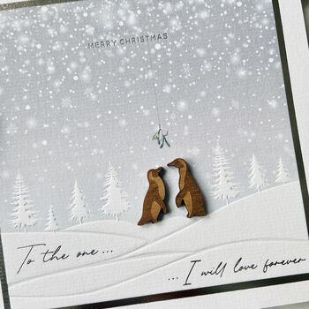 Penguin Couple Mistletoe Snowy Love Christmas Card, 2 of 10