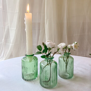Set Of Two Green Pressed Glass Bottle Vases Florence, 5 of 7
