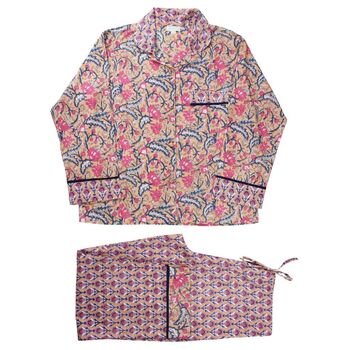 Block Printed Apricot, Navy And Persian Red Floral Cotton Pyjamas, 6 of 6