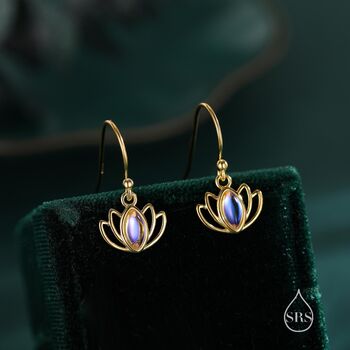 Sterling Silver Lotus Flower Drop Hook Earrings With Lab Moonstone, 4 of 11
