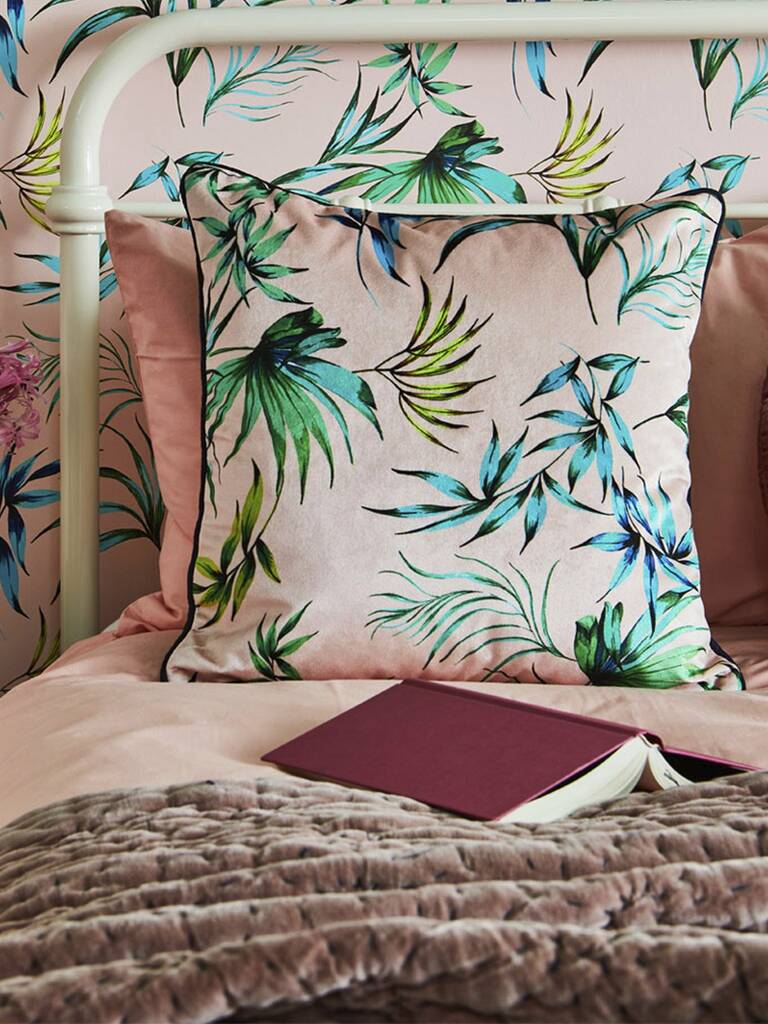 Palm Blush Velvet Cushion, 1 of 2