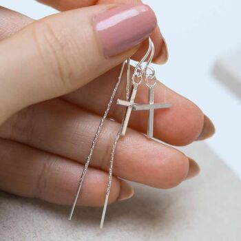 Sterling Silver Cross Threader Earrings, 3 of 8