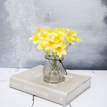 Faux Daffodils In Glass Vase, 5 of 10