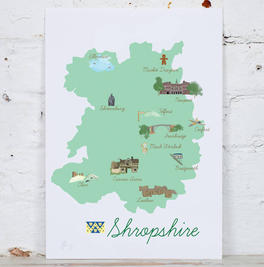 shropshire county map illustration print by yellowstone art boutique ...