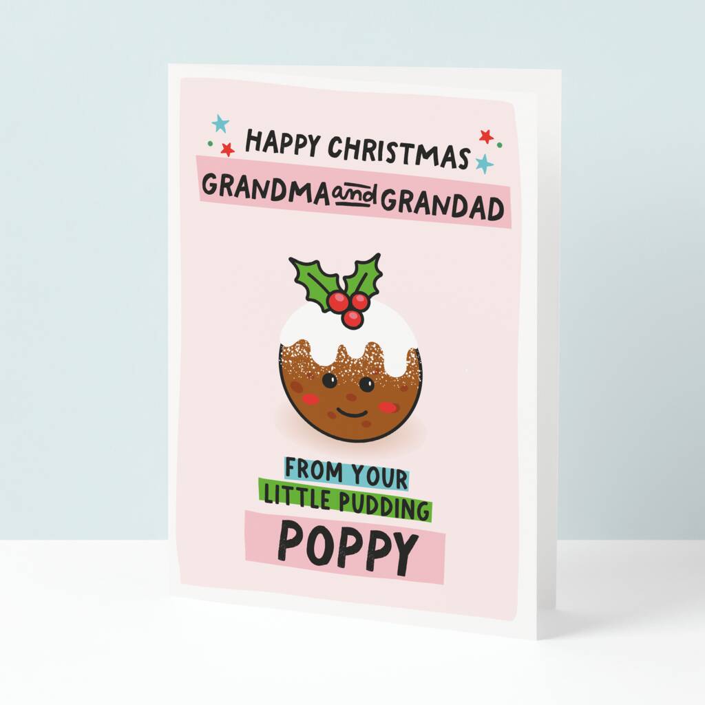 Personalised Grandma And Grandad Little Pudding Christmas Card, 1 of 3