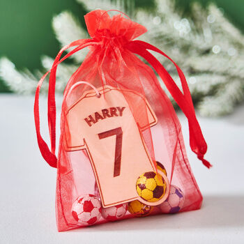 Personalised Football Shirt Christmas Gift Tag And Bag Of Chocolate Footballs, 3 of 3
