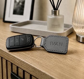 Grey Leather Personalised Key Fob, Keyring, 4 of 6