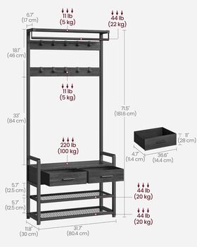 Hall Tree With Bench Shoe Storage Drawers Coat Rack, 2 of 6