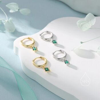 Very Tiny Rhombus Emerald Green Cz Huggie Hoop In Sterling Silver, 2 of 12