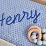 Personalised Knitted Blanket And Teether Set For Baby Boy, thumbnail 2 of 8