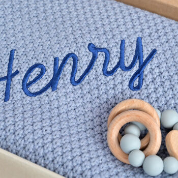 Personalised Knitted Blanket And Teether Set For Baby Boy, 2 of 8