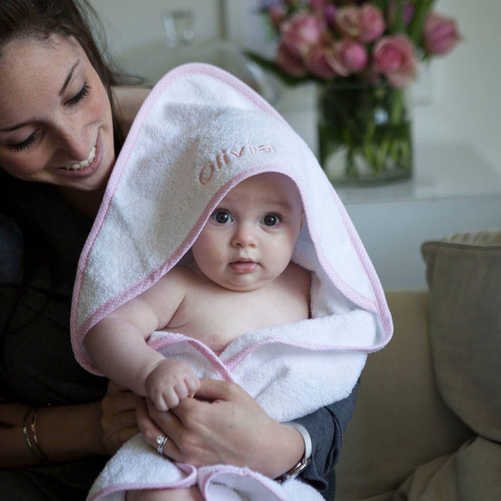 Personalised Baby Hooded Towel Edged In Pink Gingham, 1 of 7