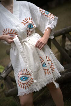 Organic Short Cotton Kimono: White With Orange And Blue Eye, 2 of 5