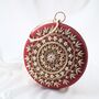 Mahiya Deep Red Silk Mandala Embroidered Round Clutch, thumbnail 1 of 2