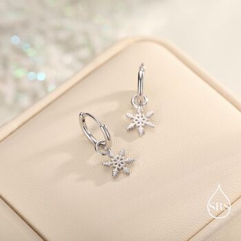 Sterling Silver Dainty Snowflake Huggie Hoop, 3 of 10