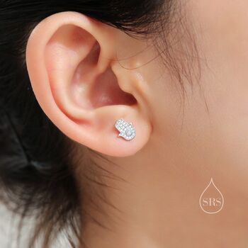 Sterling Silver Blue Opal Hamsa Hand Stud Earrings, 4 of 11