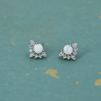 Sterling Silver Vintage White Opal Flower Cz Stud Earrings, 5 of 10