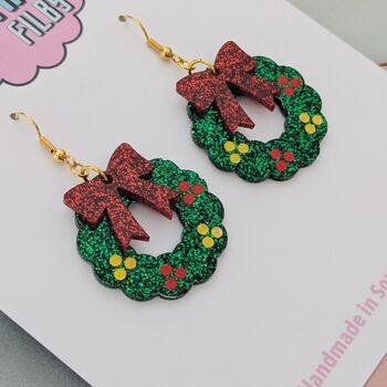 Green Christmas Wreath Glitter Resin Earrings, 2 of 8