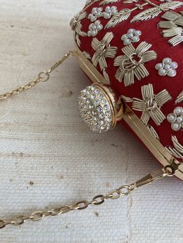 Red Raw Silk Oval Pearl Clutch Bag, 10 of 10