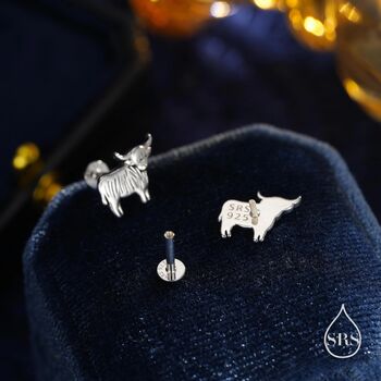 Sterling Silver Small Pair Of Highland Cow Internally Threaded Flat Back Earrings, 5 of 10