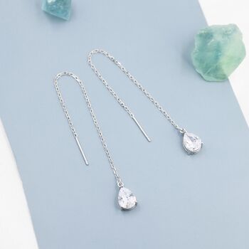 Sterling Silver Pear Cut Cz Droplet Threader Earrings, 3 of 11