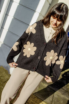 Black Crochet Applique Brown Floral Cardigan, 3 of 10