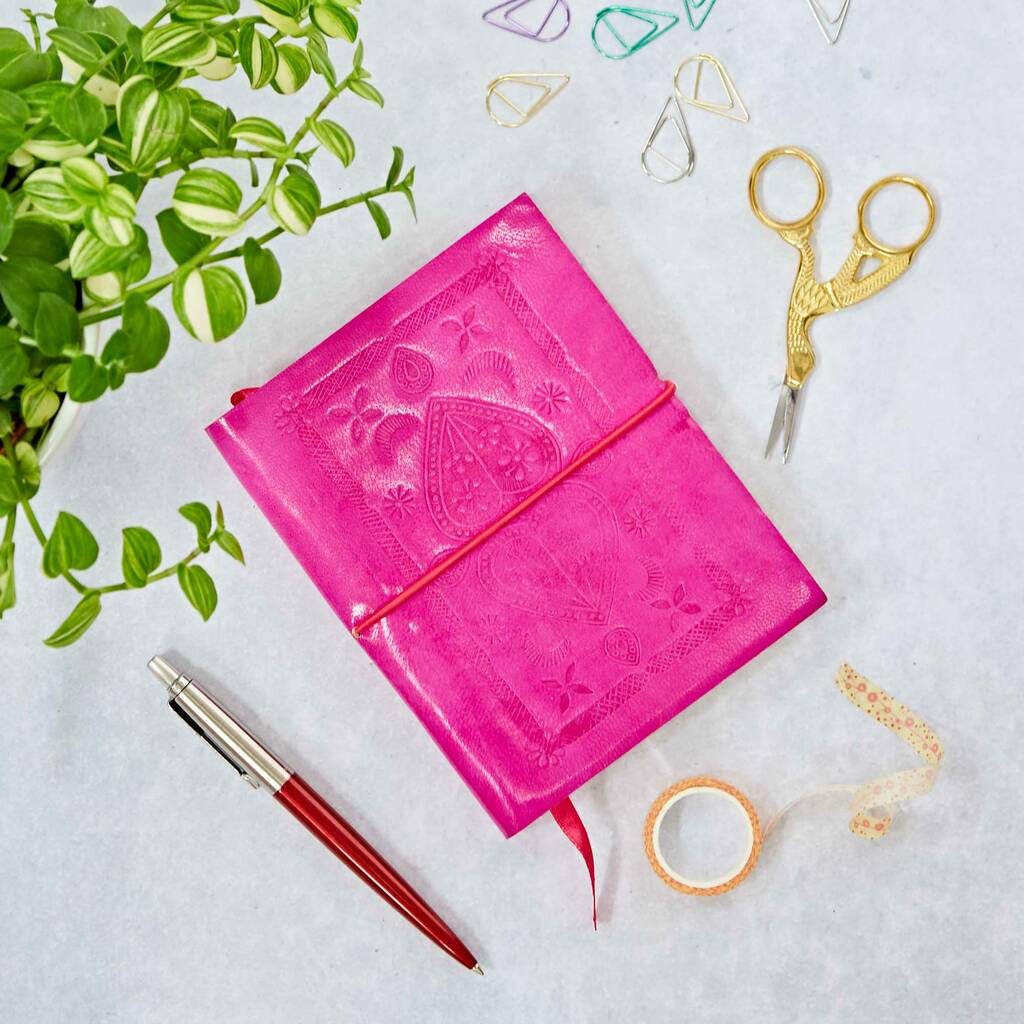 Handmade Pink Embossed Leather Notebook By Paper High