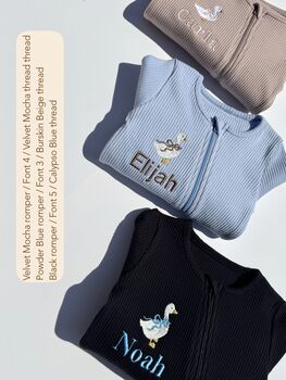 Goose Personalised Baby Zip Sleepsuit – Embroidered Baby Grow With Name – Bunny , Teddy Bear Or Goose, 5 of 12