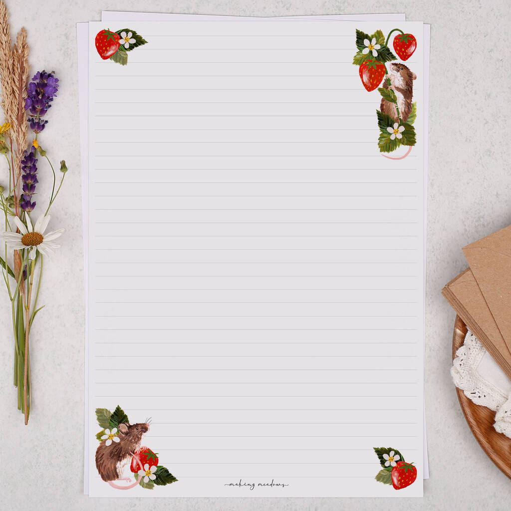 A4 Letter Writing Paper With Mice And Strawberries By Making Meadows