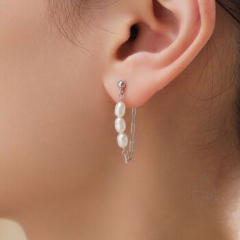 Sterling Silver Genuine Oval Pearl And Chain Earrings, 8 of 12
