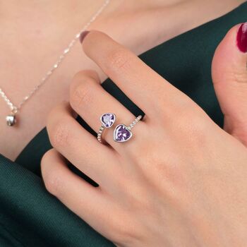 Double Heart Amethyst February Birthstone Silver Ring, 2 of 4
