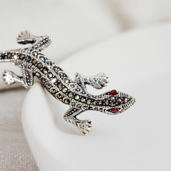 Sterling Silver Marcasite Lizard Gecko Brooch, 2 of 9