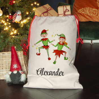 Personalised Playful Elves Christmas Sack, 2 of 4