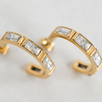 Gold Hoop Earrings With Baguette Crystals Non Tarnish, 4 of 5