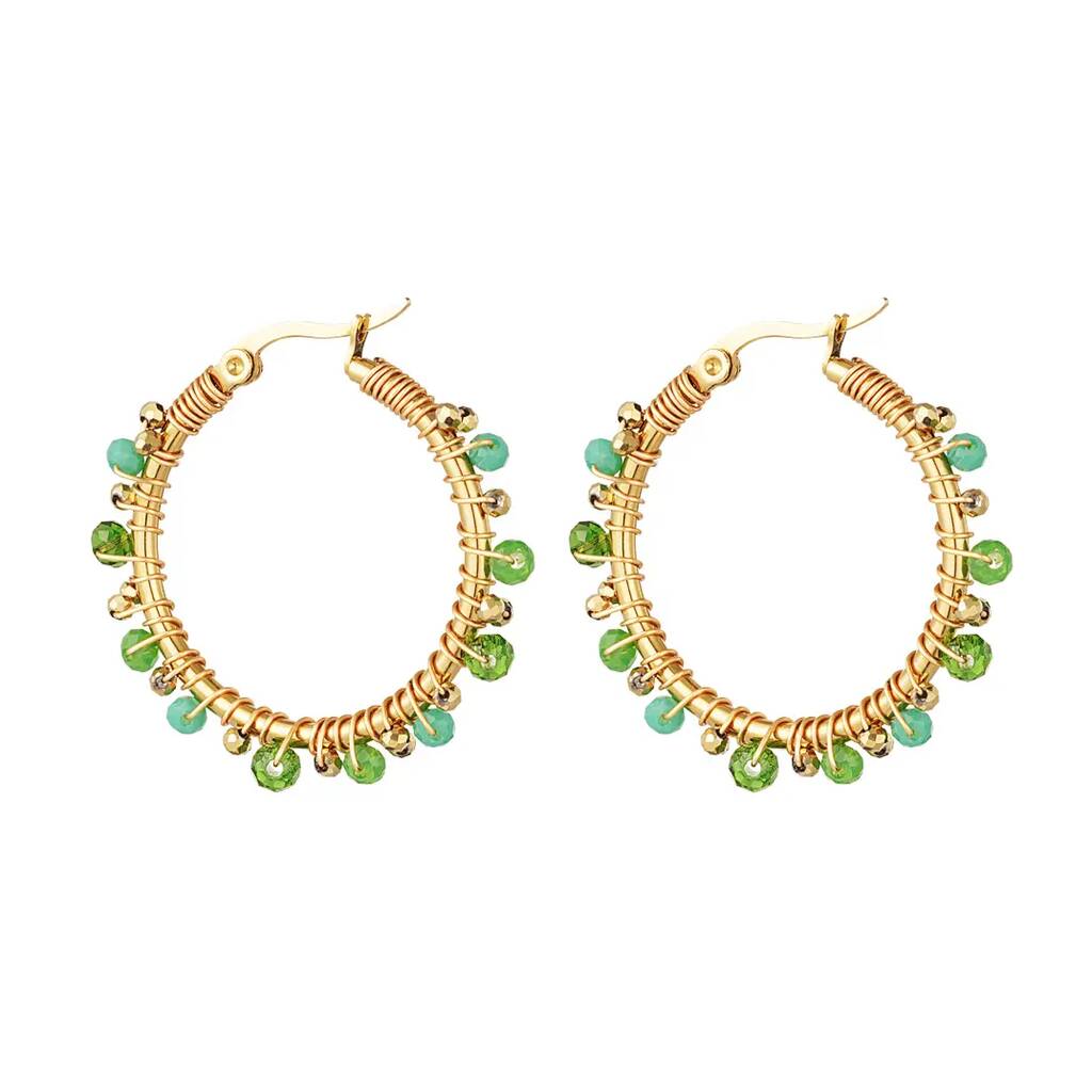 Green Finely Beaded Hoop Earrings By Twilight London