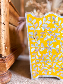 Mother Of Pearl Inlay Waste Paper Bin | Sunshine Yellow, 4 of 5