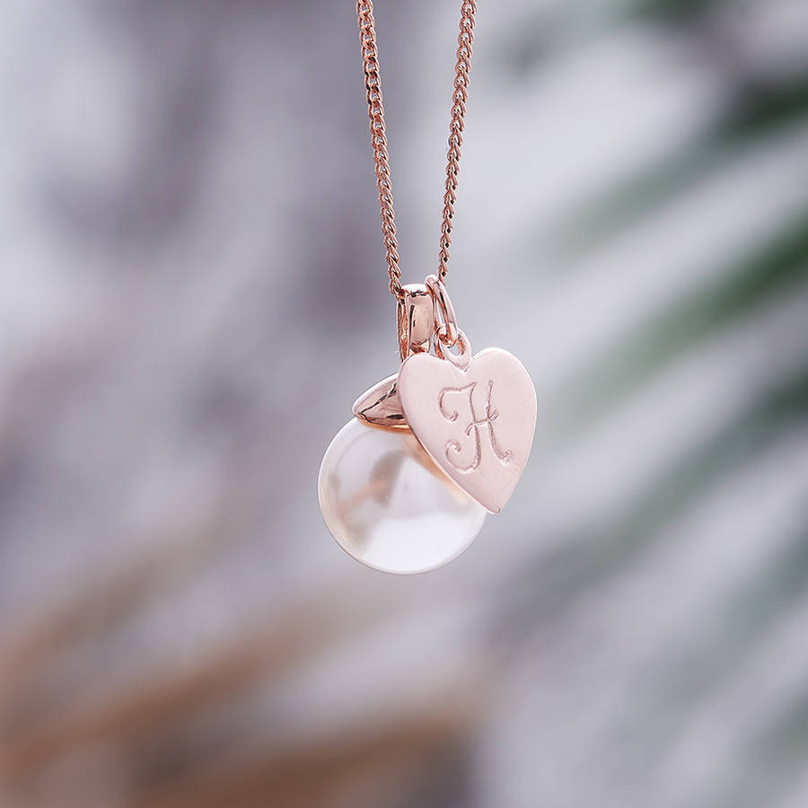 rose gold pearl necklace with monogram charm by claudette worters | www.bagsaleusa.com