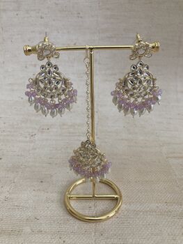 Purple Gold Plated Kundan Earrings And Tikka Set, 3 of 7
