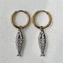 Mini Fish Textured Charm Slim Hoop Drop Earrings, thumbnail 3 of 5