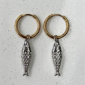 Mini Fish Textured Charm Slim Hoop Drop Earrings, 3 of 5
