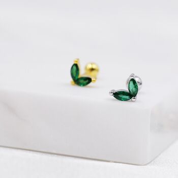 Emerald Green Cz Marquise Leaf Duo Barbell Earrings, 6 of 11