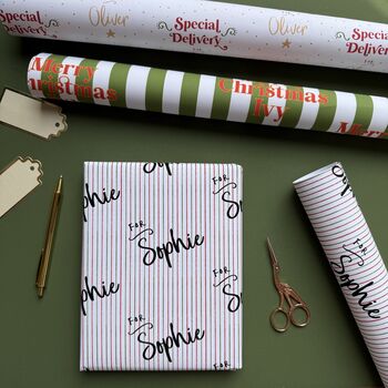 Personalised Name And Pin Stripe Christmas Paper, 3 of 7