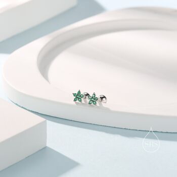 Emerald Green Flower Cz Screw Back Earrings, 2 of 10