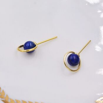Sterling Silver 'Blue Planet' Saturn Planet Halo Stud Earrings With Lapis Lazuli Gemstone, 7 of 12