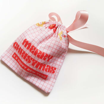 Pink And Red Retro Christmas Reusable Gift Pouch, 3 of 7